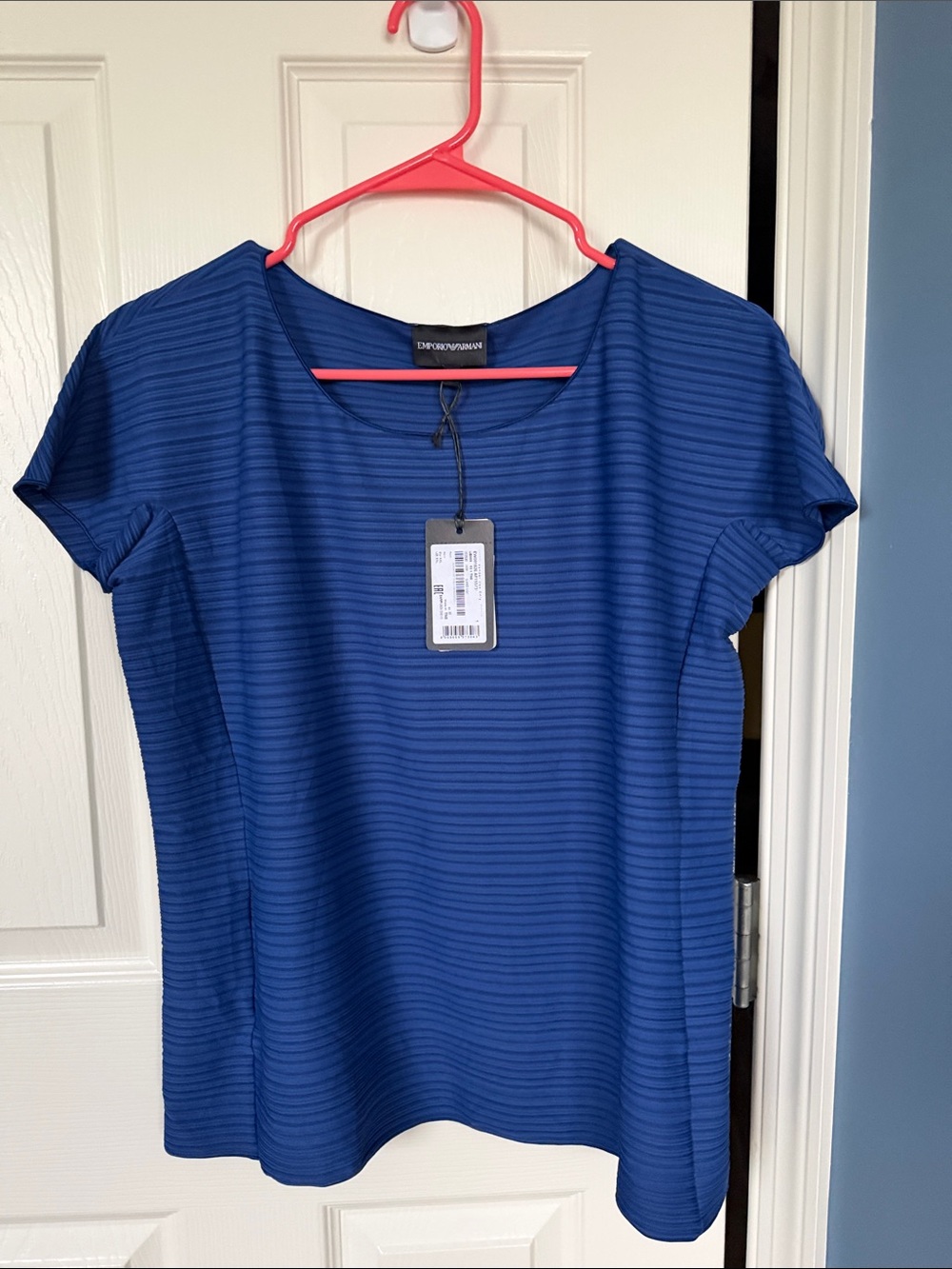Emporio Armani Women's Royal Blue Short Sleeve Ribbed Crewneck Tee